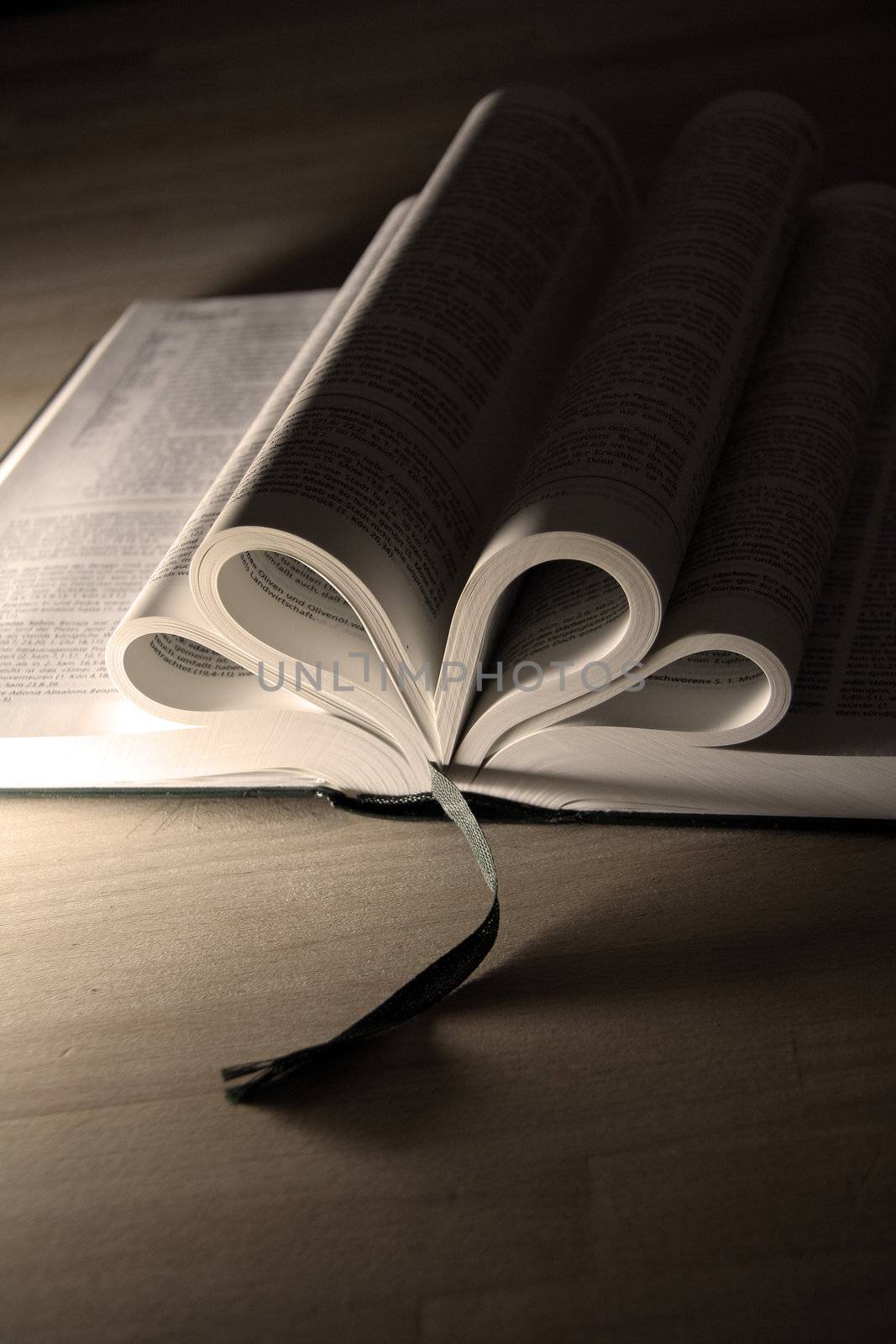 opened pages of a book on wooden table