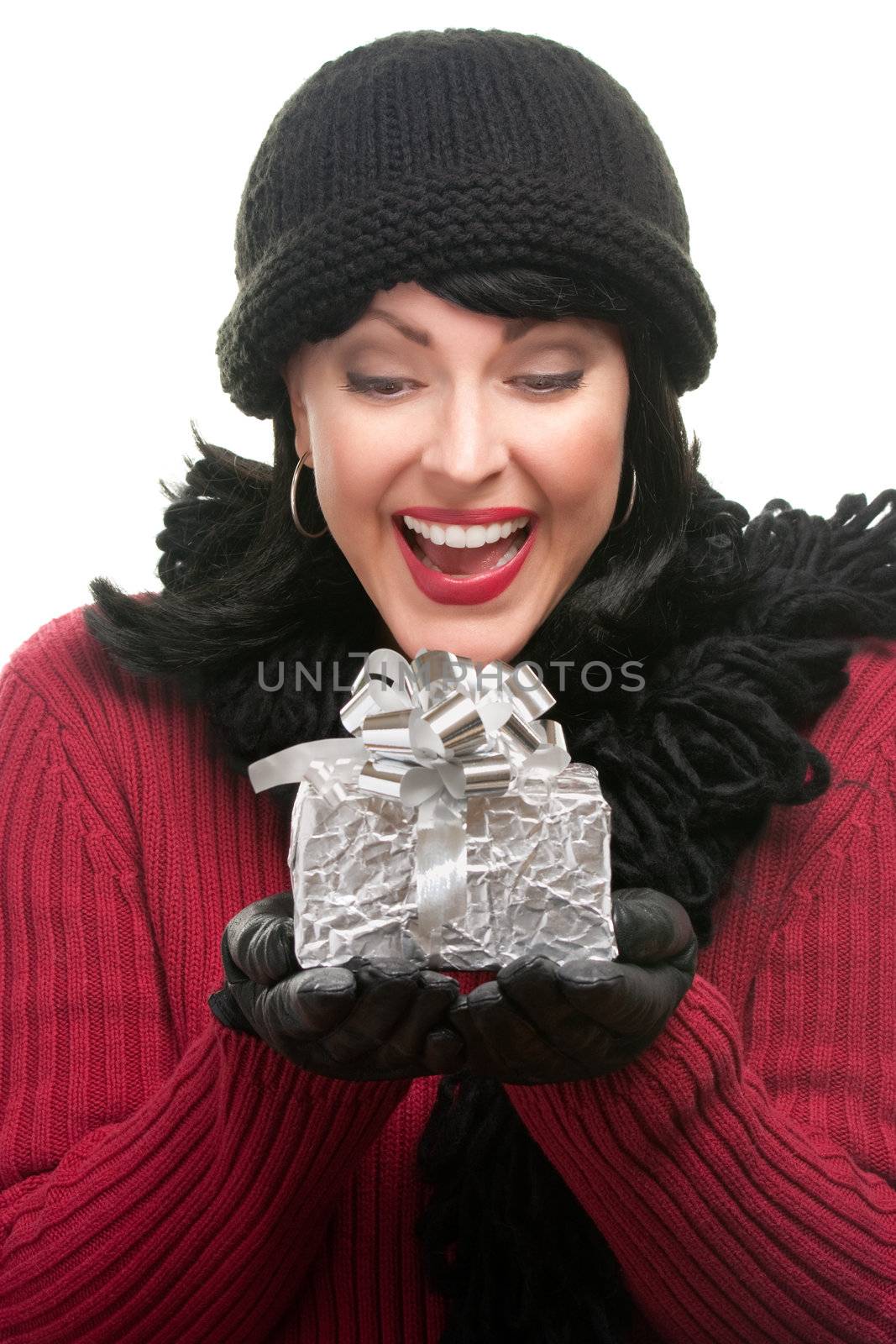 Happy, Attractive Woman Holds Holiday Gift Isolated on a White Background.