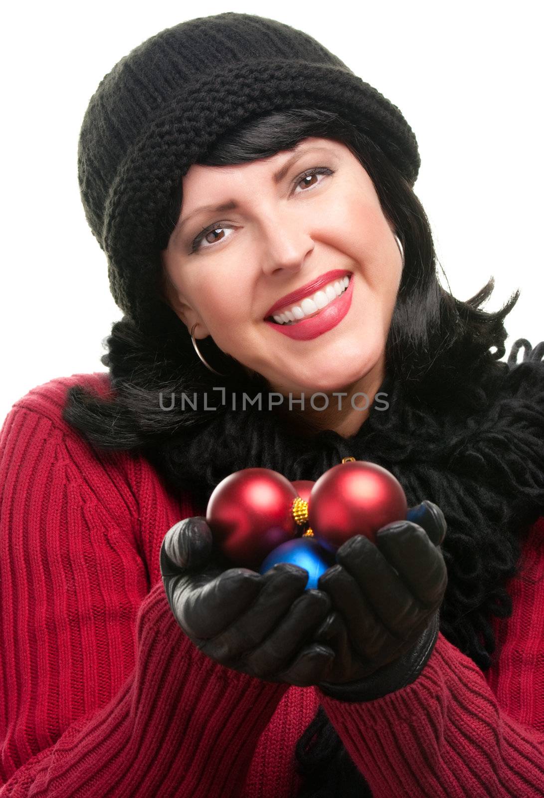 Attractive Woman Holding Christmas Ornaments Isolated on a White Background. 