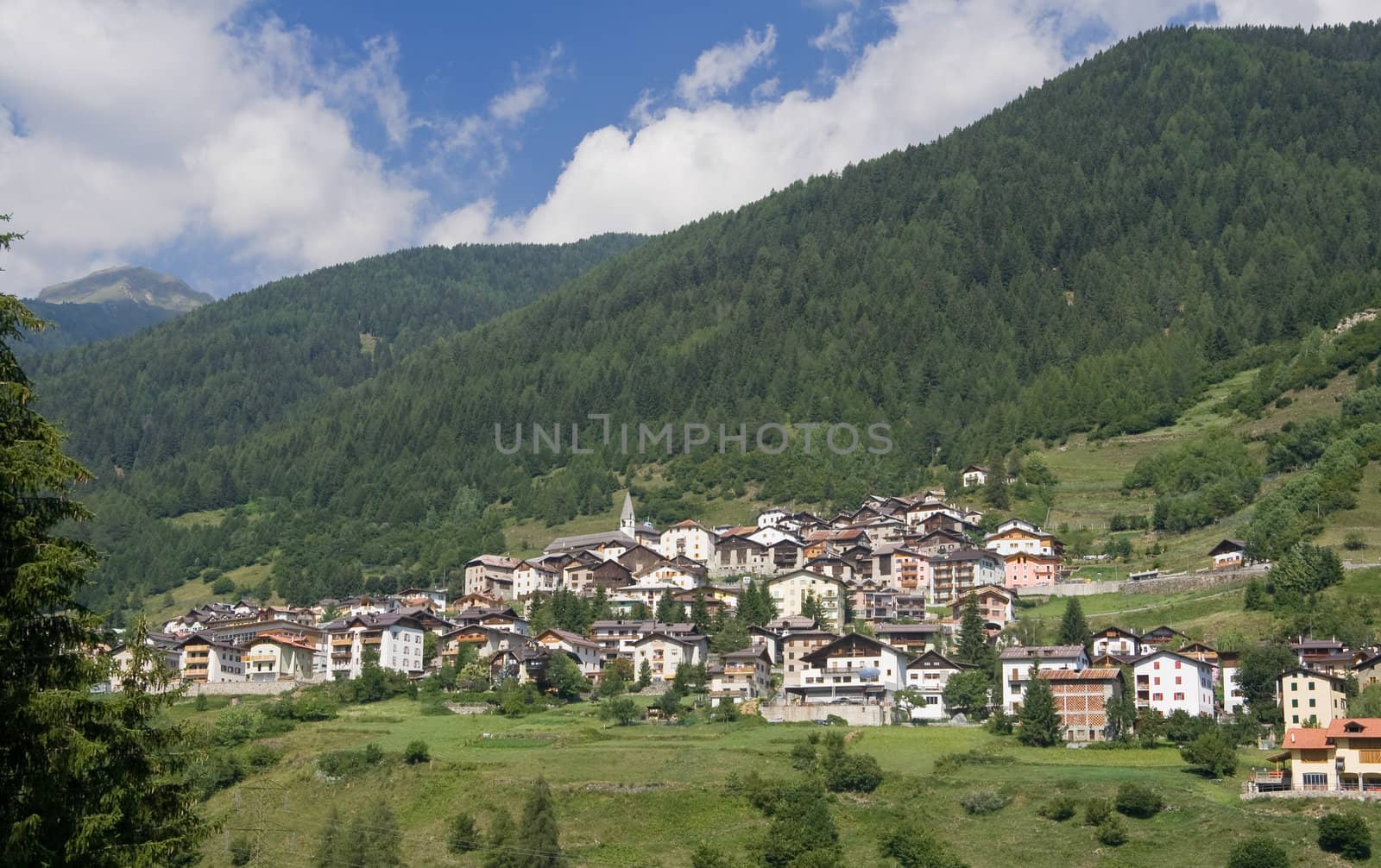 summer view of Vermiglio, characteristic small town in Italian alps