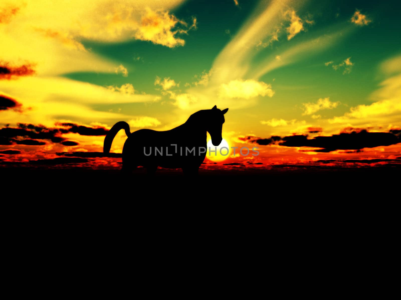 A horse in the foreground with a sunset background.