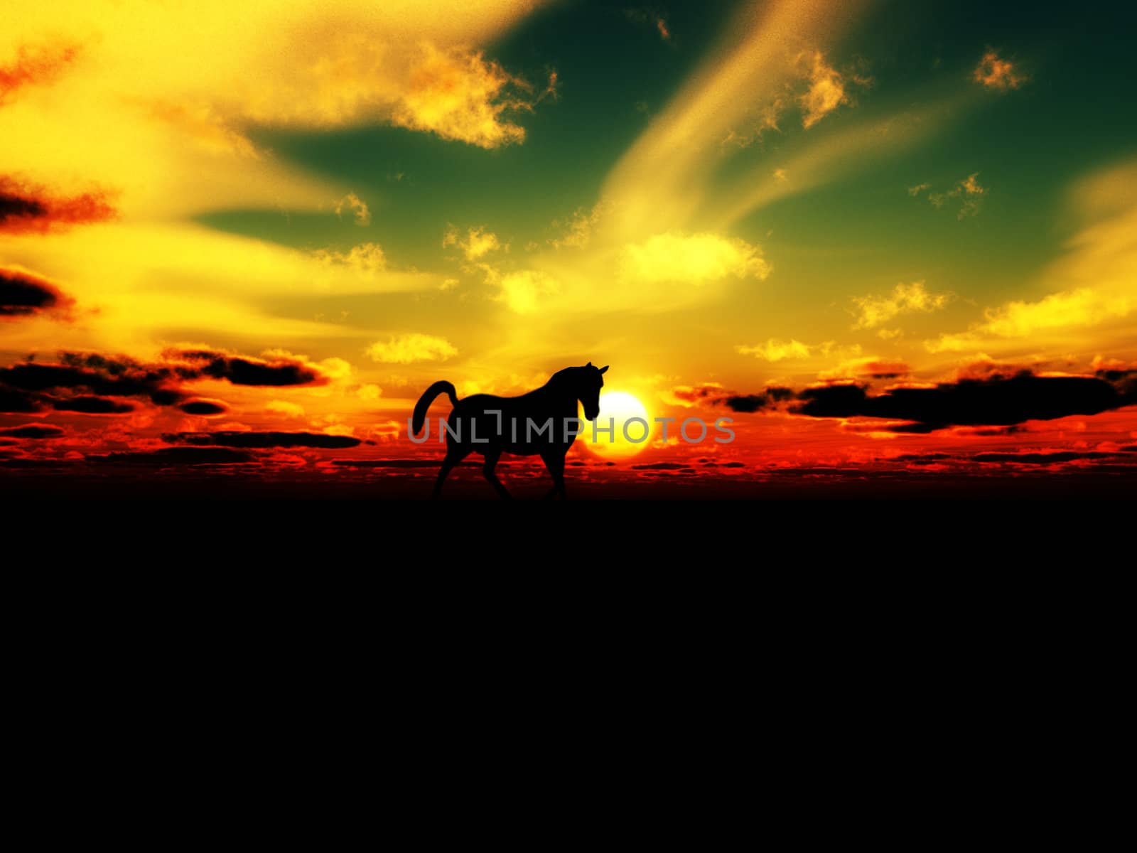 A horse in the foreground with a sunset background.
