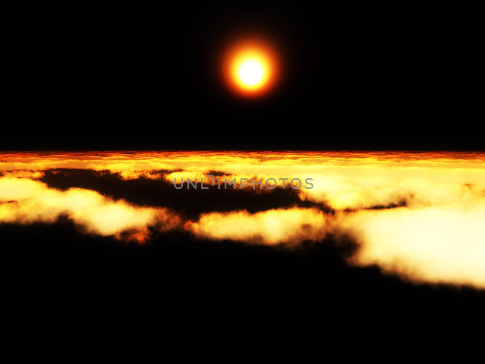 View of the setting sub high over the clouds.