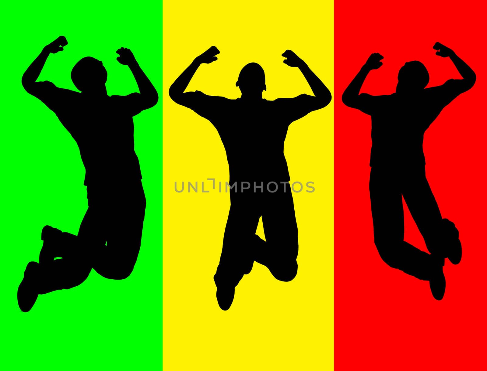 Three men jumping at the same time.