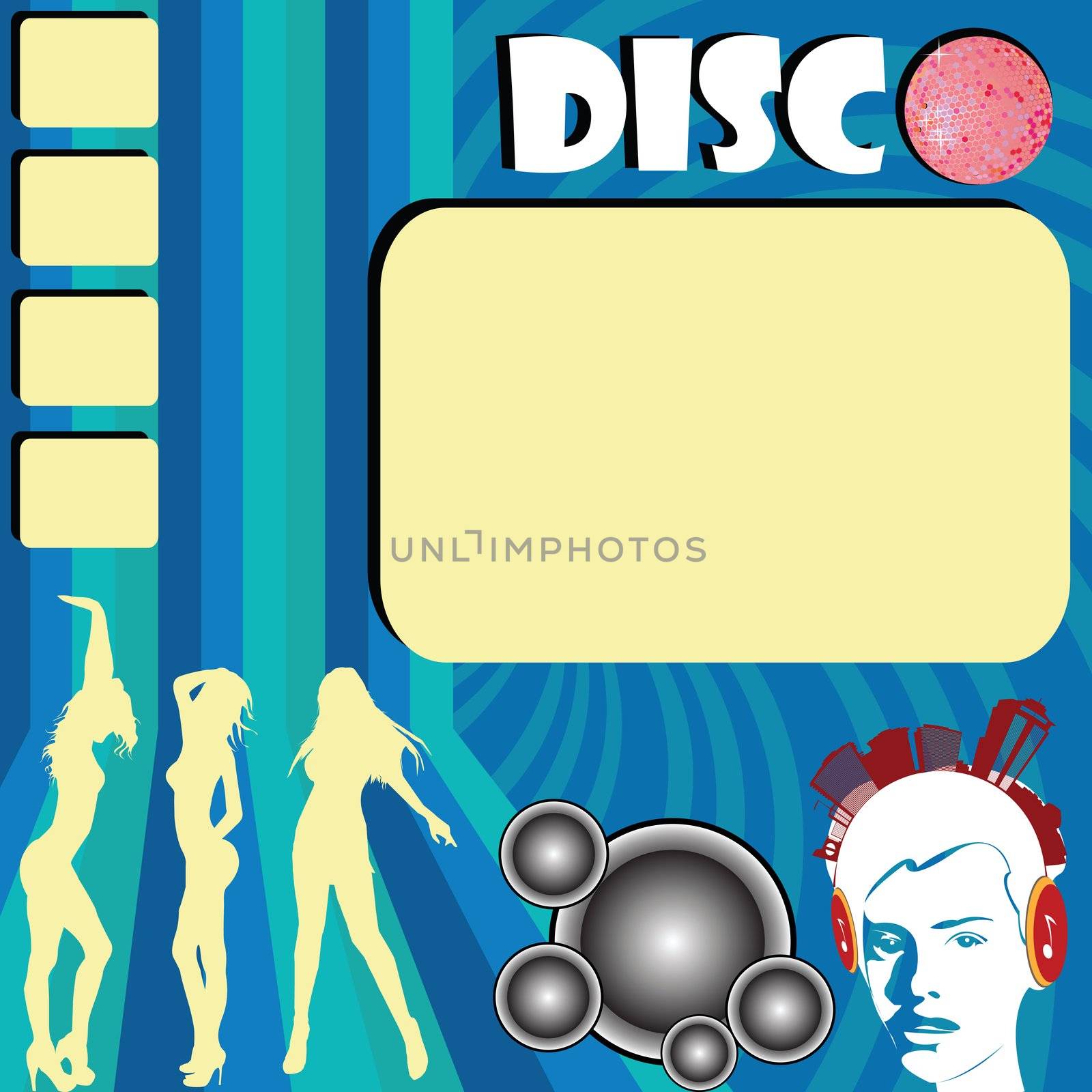 Disco flyer with club girls silhouettes dancing and space for sample text