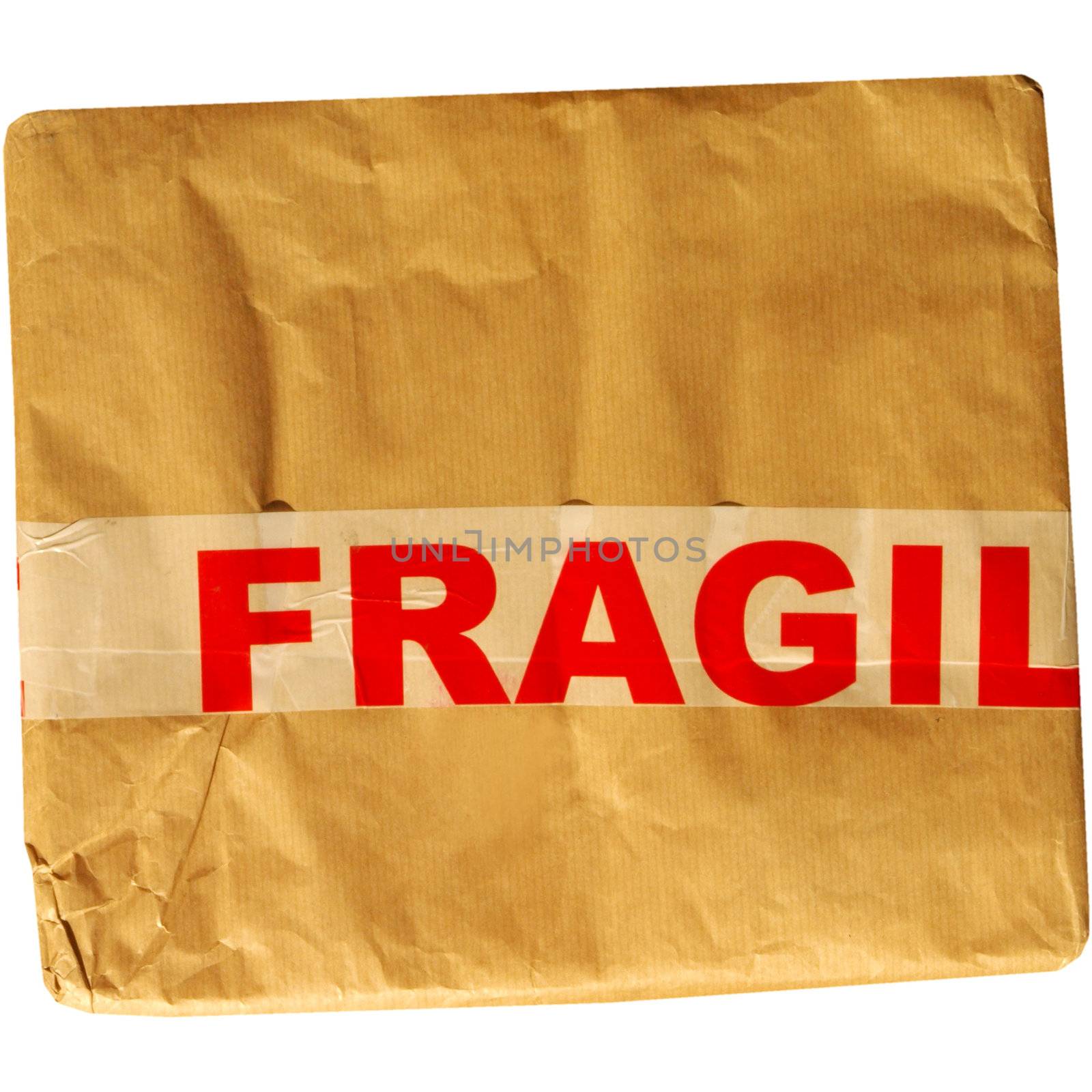 Fragile corrugated cardboard packet isolated on white