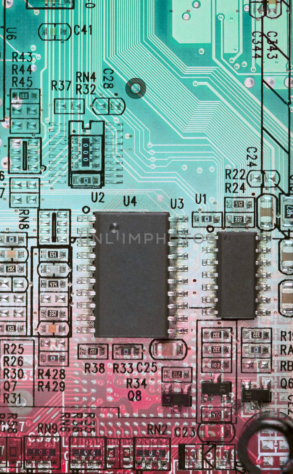 Abstract multi-color circuit board with electronic components