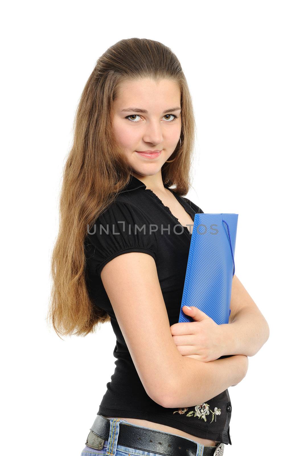 Young woman in business attire holding a planner/daytimer. Isolated on white.