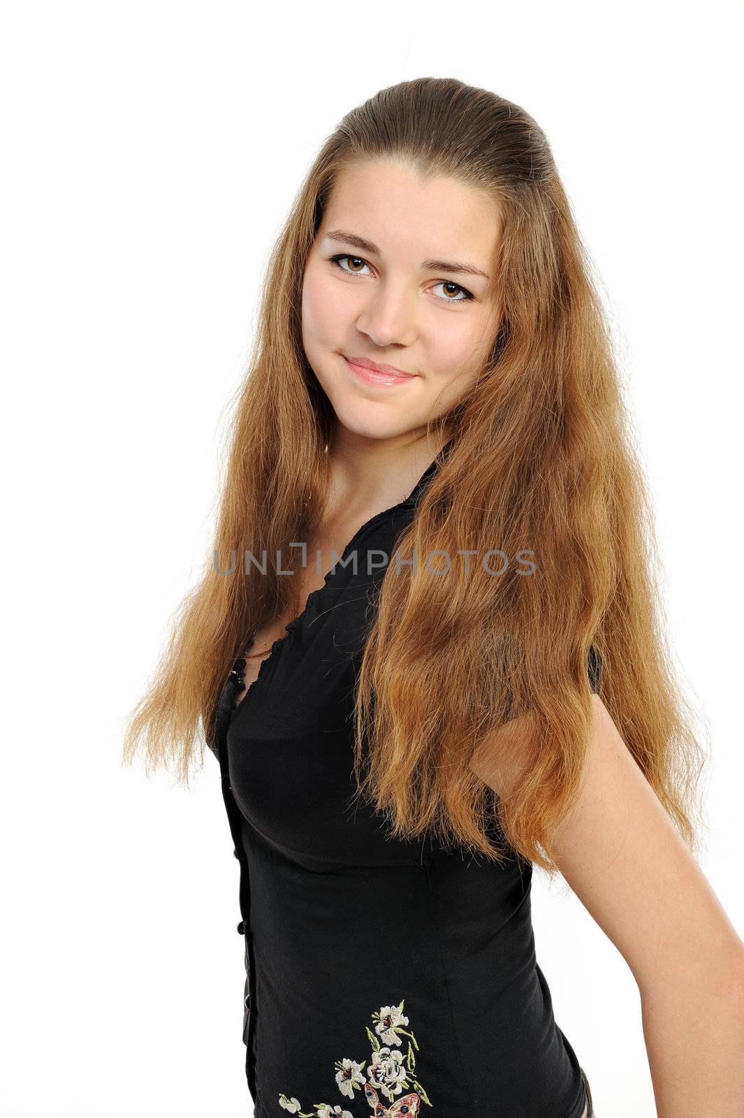 Close-up of a beautiful young woman smiling on white background by Andriianov