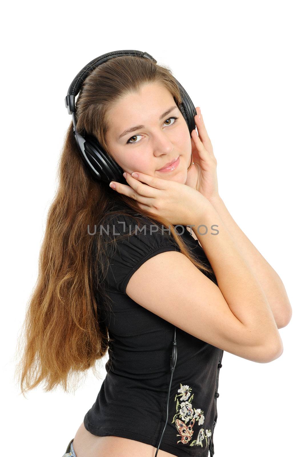   beautiful young woman in the headphones, smiling white background by Andriianov