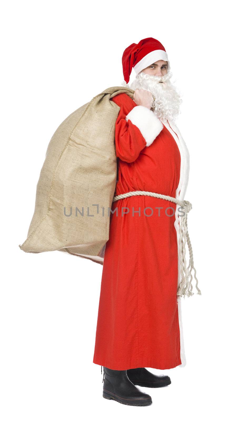 Santa claus with a sack of gifts isolated on white