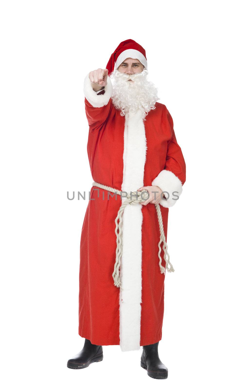 Santa claus is pointing at the camera isolated on white