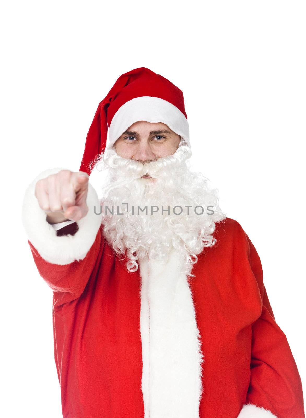 Santa claus is pointing at the camera isolated on white