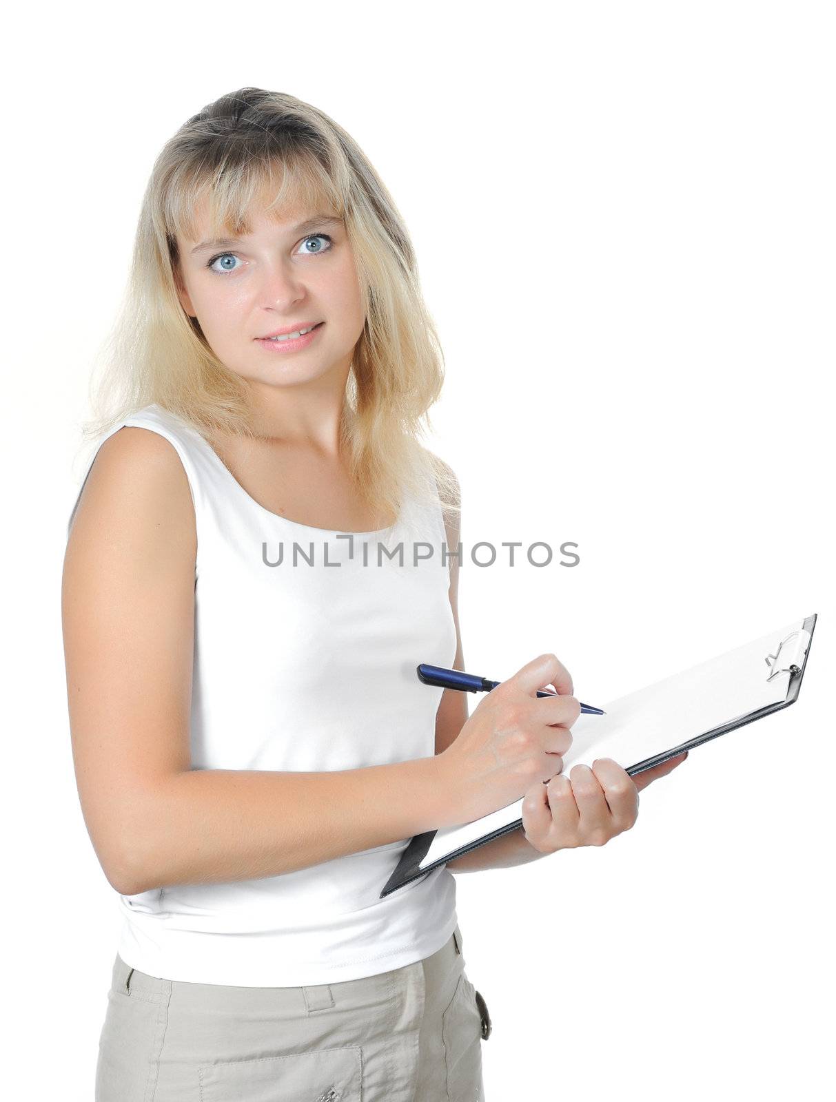 Happy young modern business woman on white background