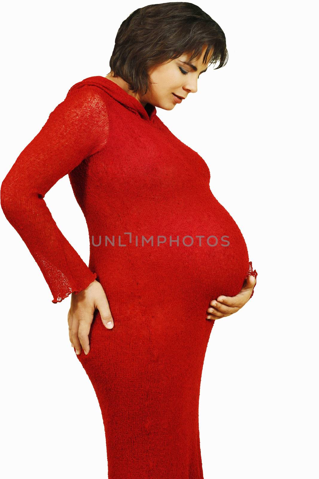 Young mother to be in red stretch knit dress
(contrast added)