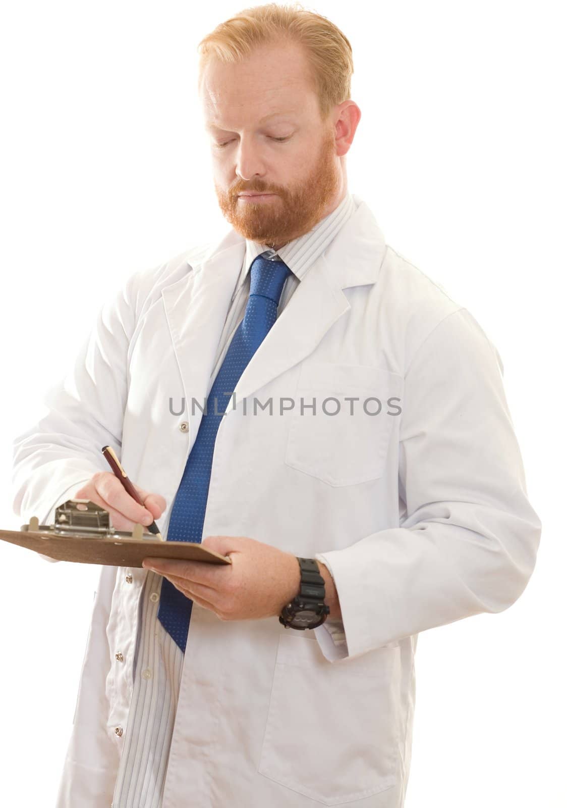 Doctor, pharmacist or laboratory worker recording information.