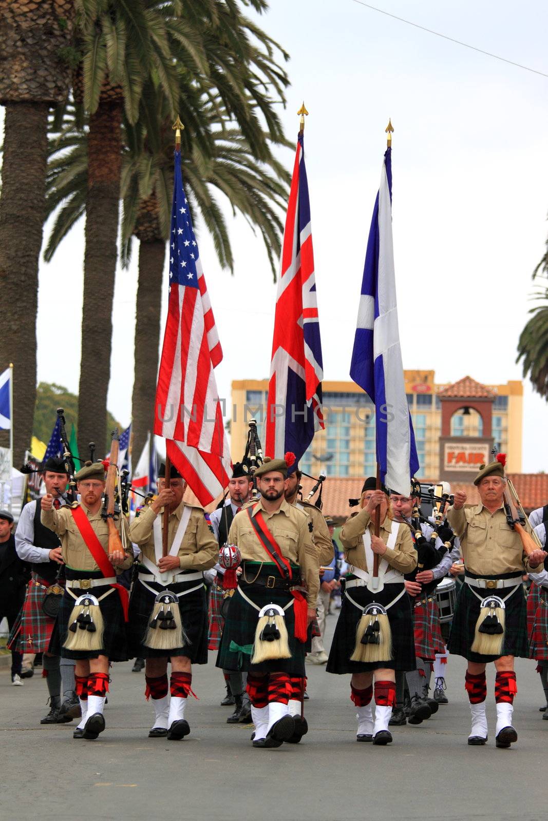 VENTURA, CA, USA - October 11, 2009 - Bagpipe bands participating in a parade at the Ventura Seaside Highland Games October 11, 2009 in Ventura, CA