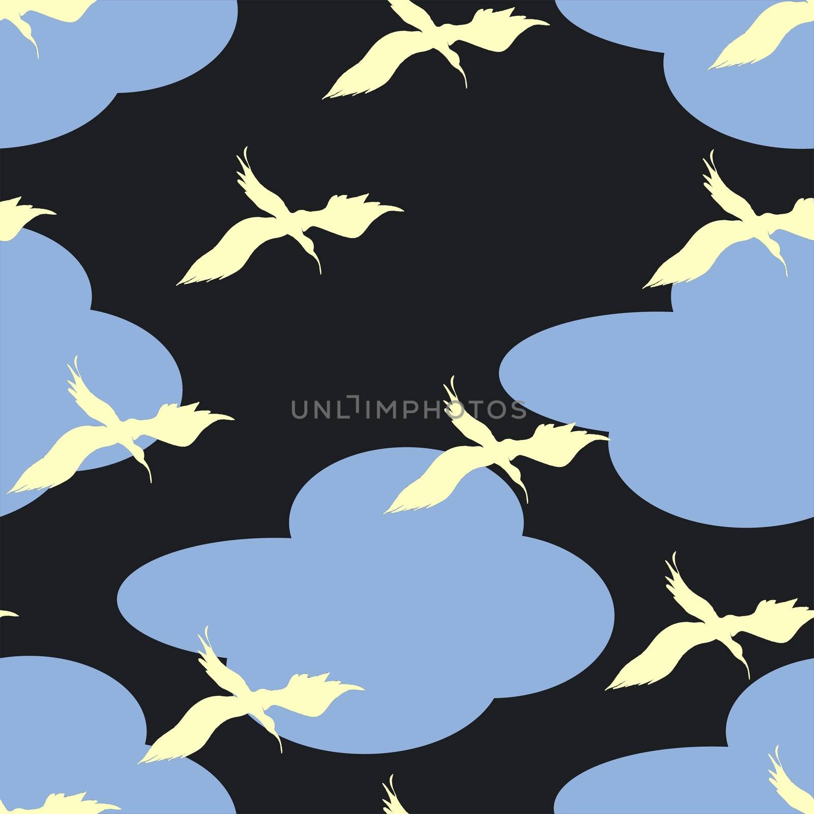 Birds and clouds pattern, grouped and isolated objects for duplicate print