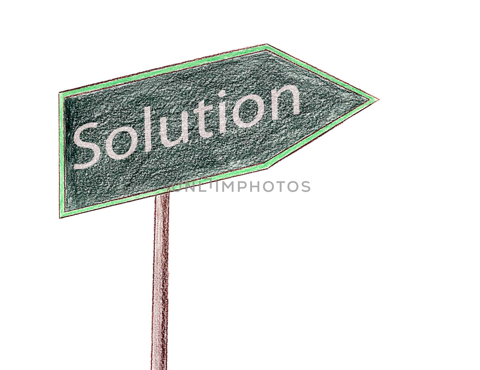 A hand drawn sign with the word solution on it, isolated against a white background