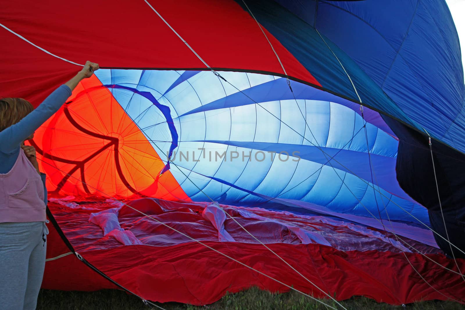 View inside a balloon being filled with hot air
