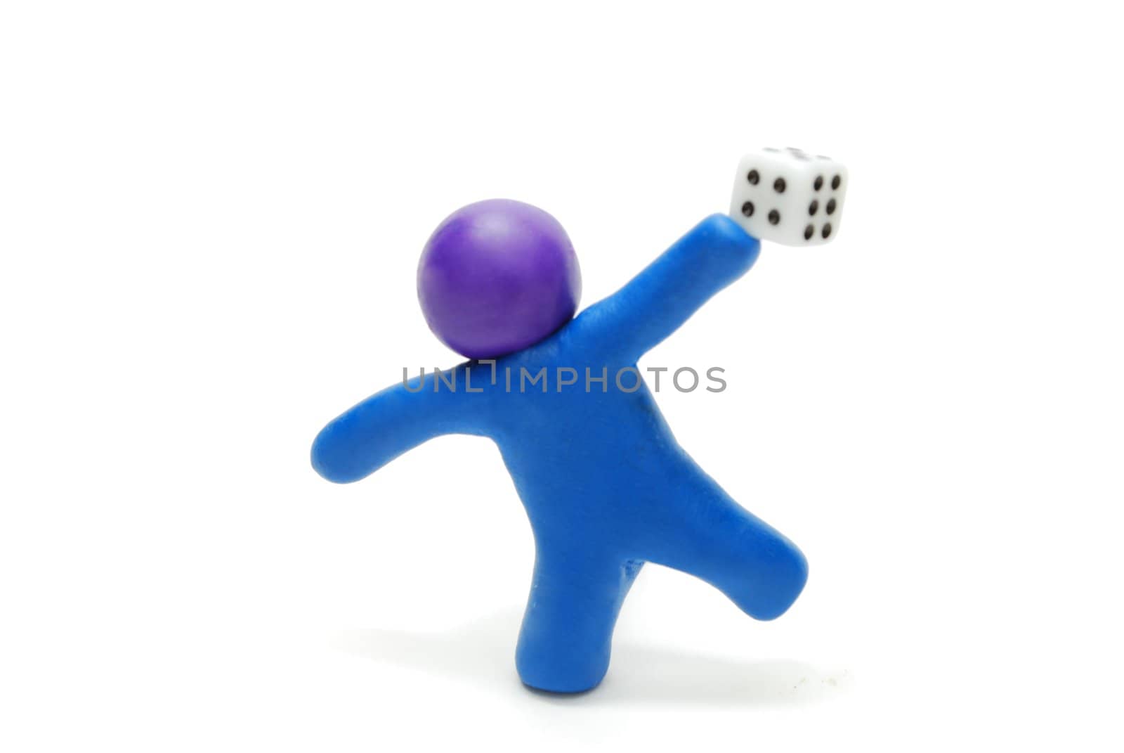 3D Plasticine Man Balancing Holding Gambling Dice Isolated on White Background