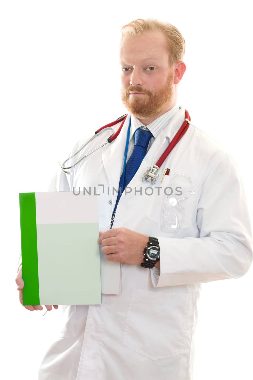 Serious doctor holding some advice, information or facts. 