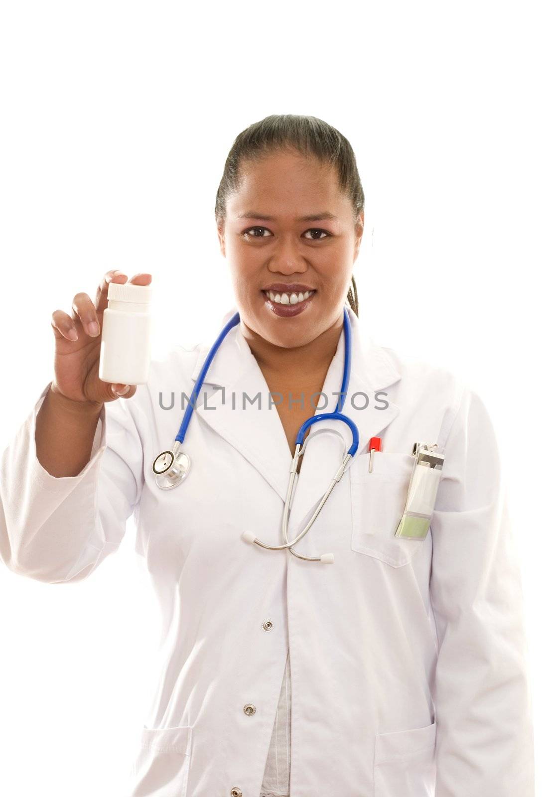 A smiling ethnic female doctor holding a bottle of pills, pharmaceuticals, vitamins