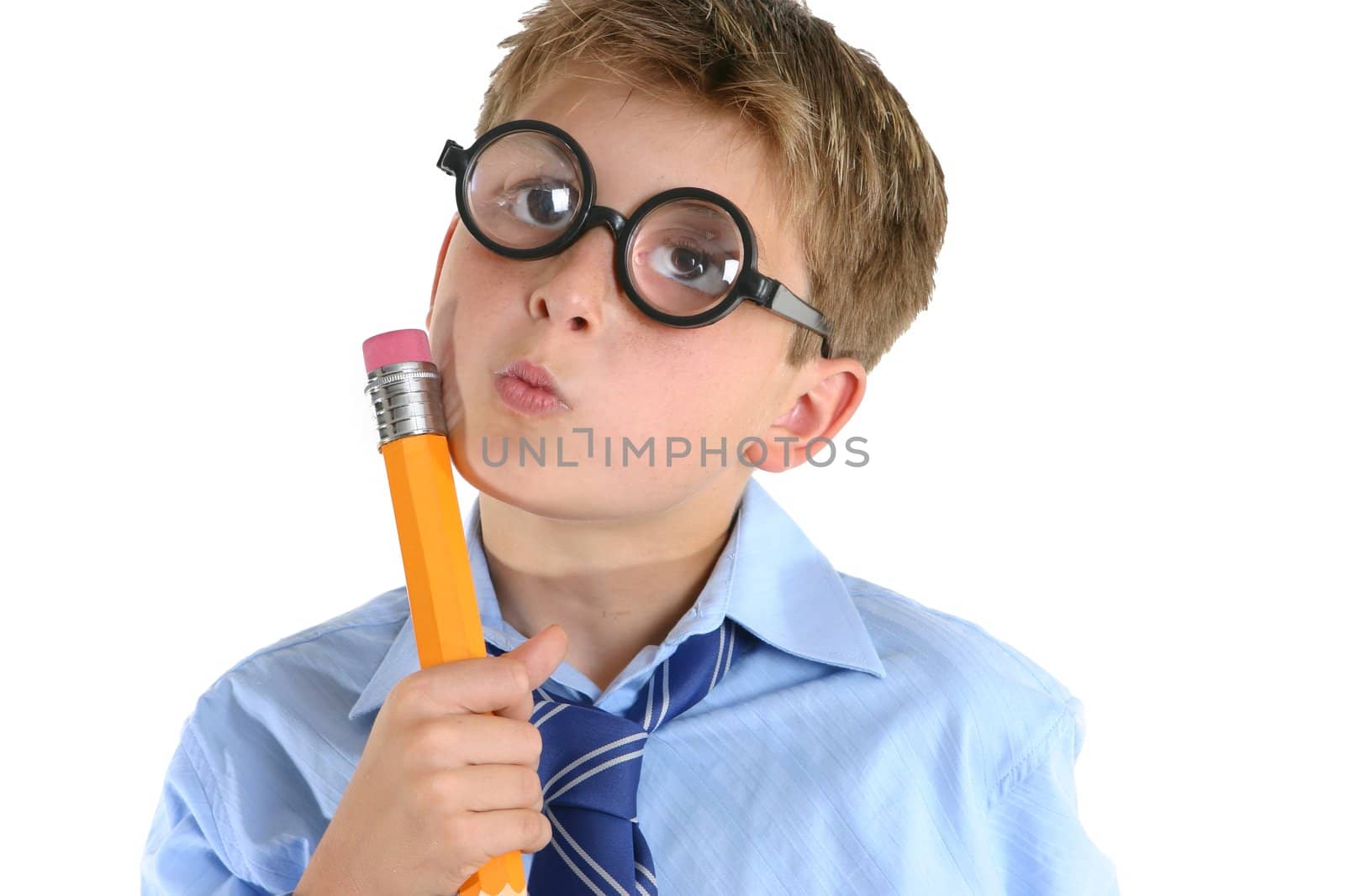 A child or schoolboy in a comical thinking pose.
