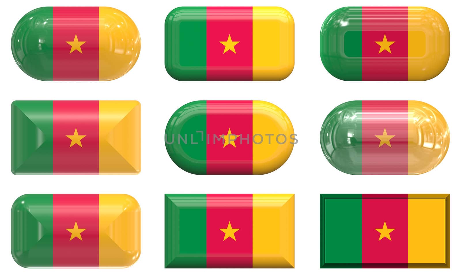nine glass buttons of the  Flag of Cameroon