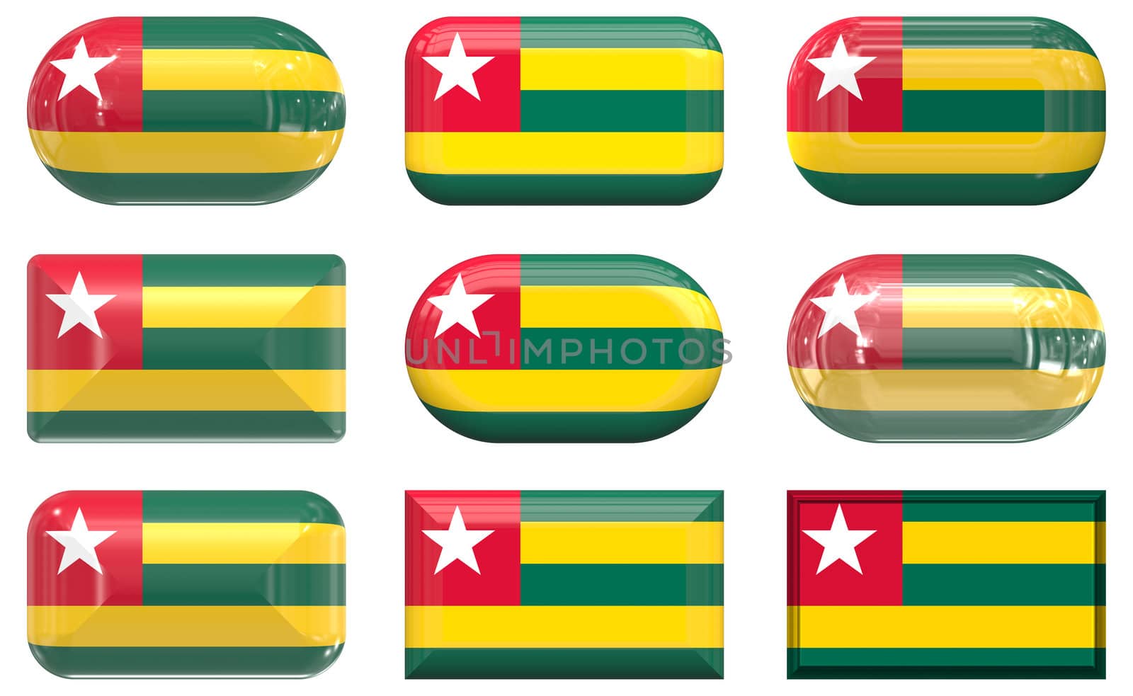 nine glass buttons of the  Flag of Togo