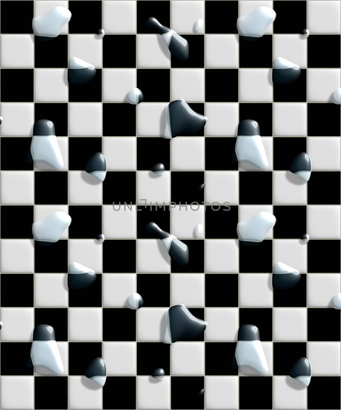 black and white floor tiles with water laying on them