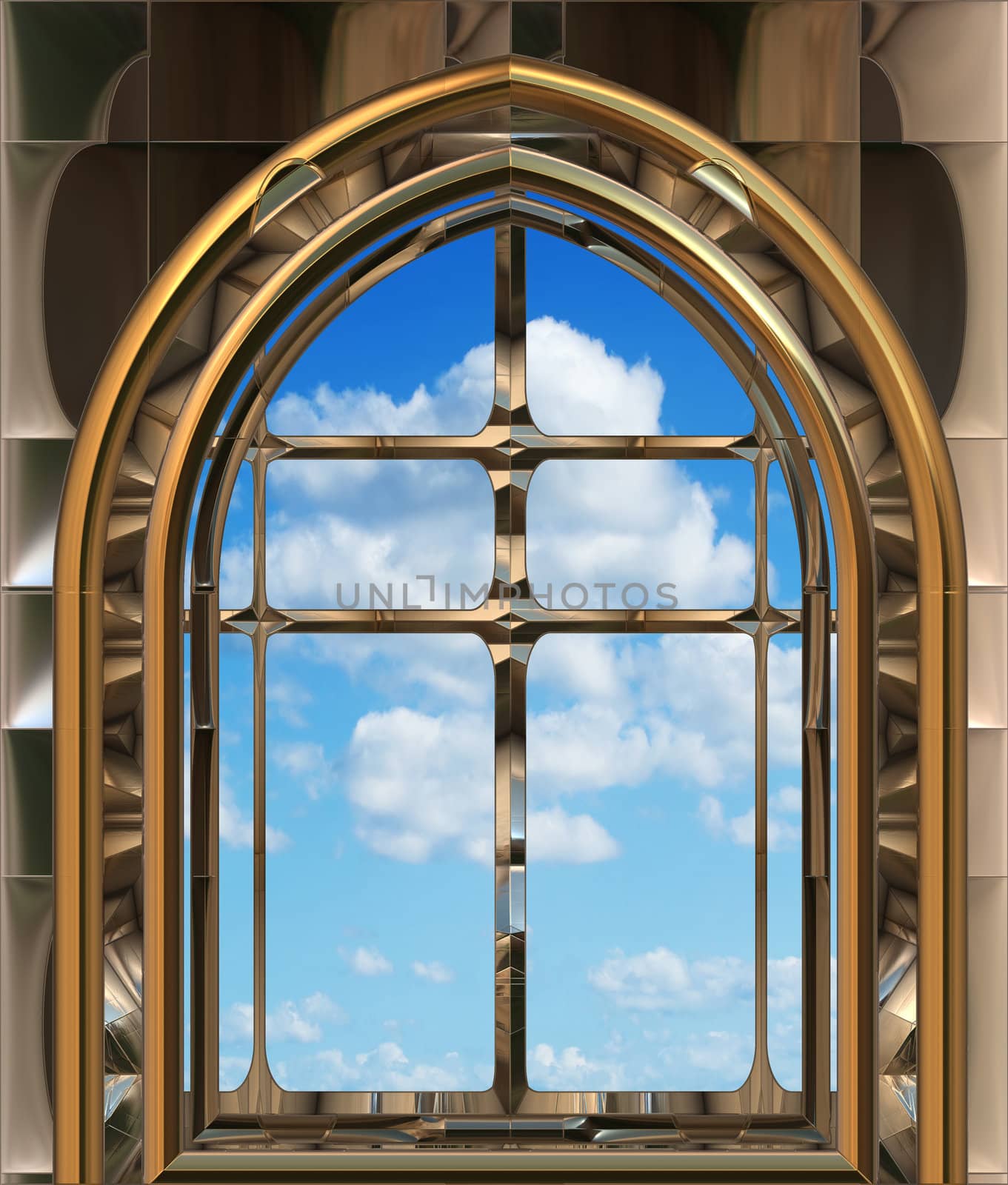image of a gothic or science fiction window looking onto cloudy blue sky