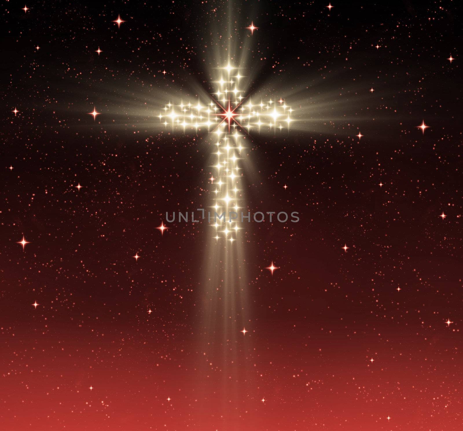 great glowing christian cross in starry night sky