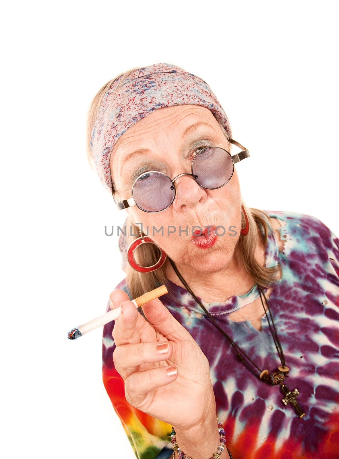 Senior Hippie Lady with Cigarette and Blowing Smoke Rings