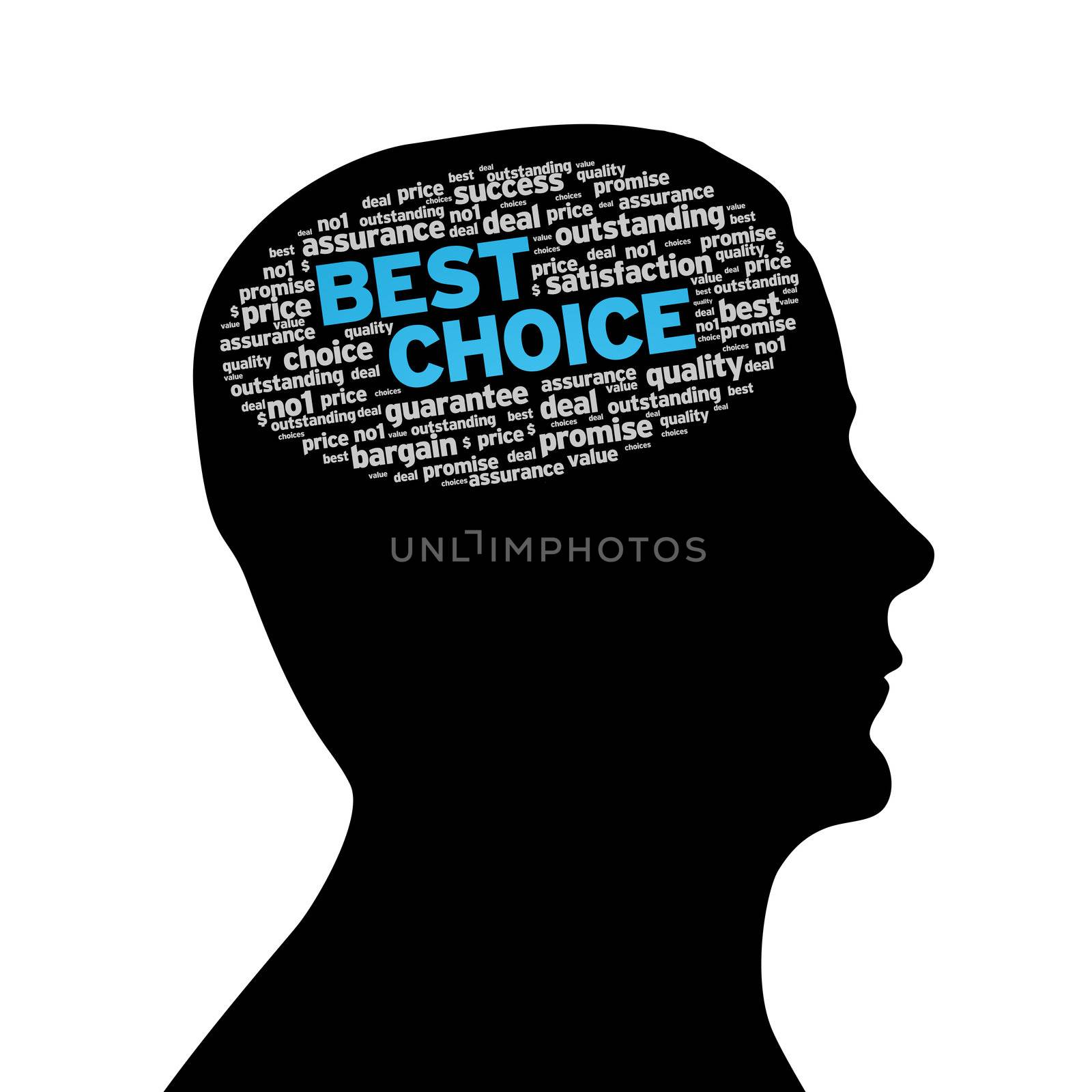 Silhouette head with best choice cloud on white background.