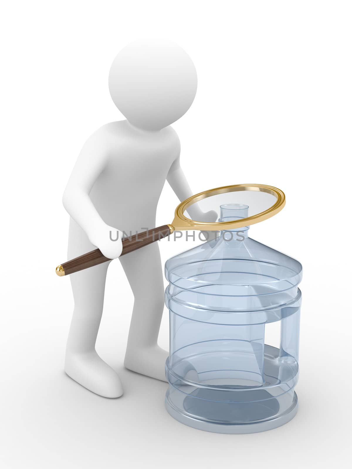 Man with magnifier on white background. Isolated 3D image