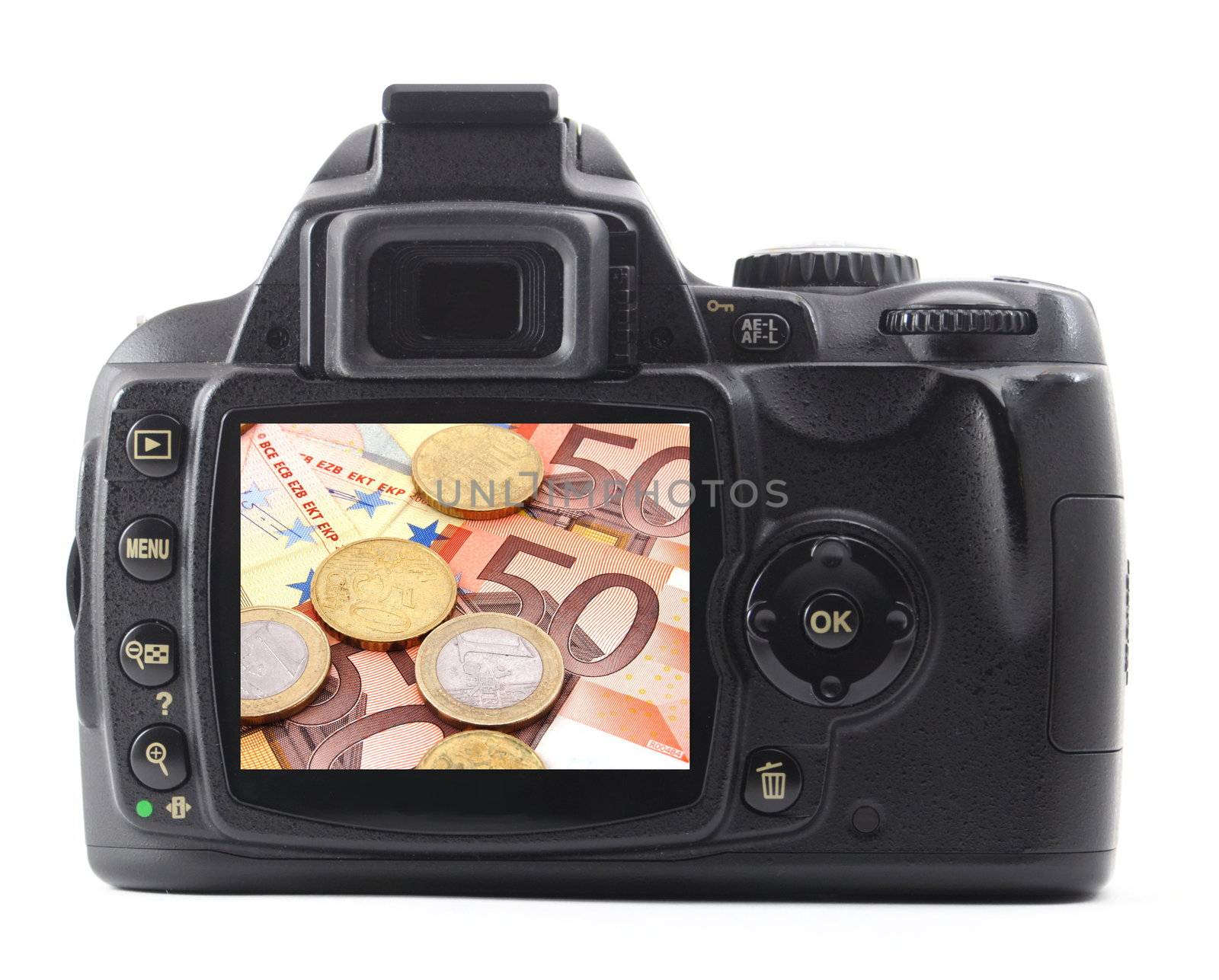 digicam or dslr with money isolated on white background