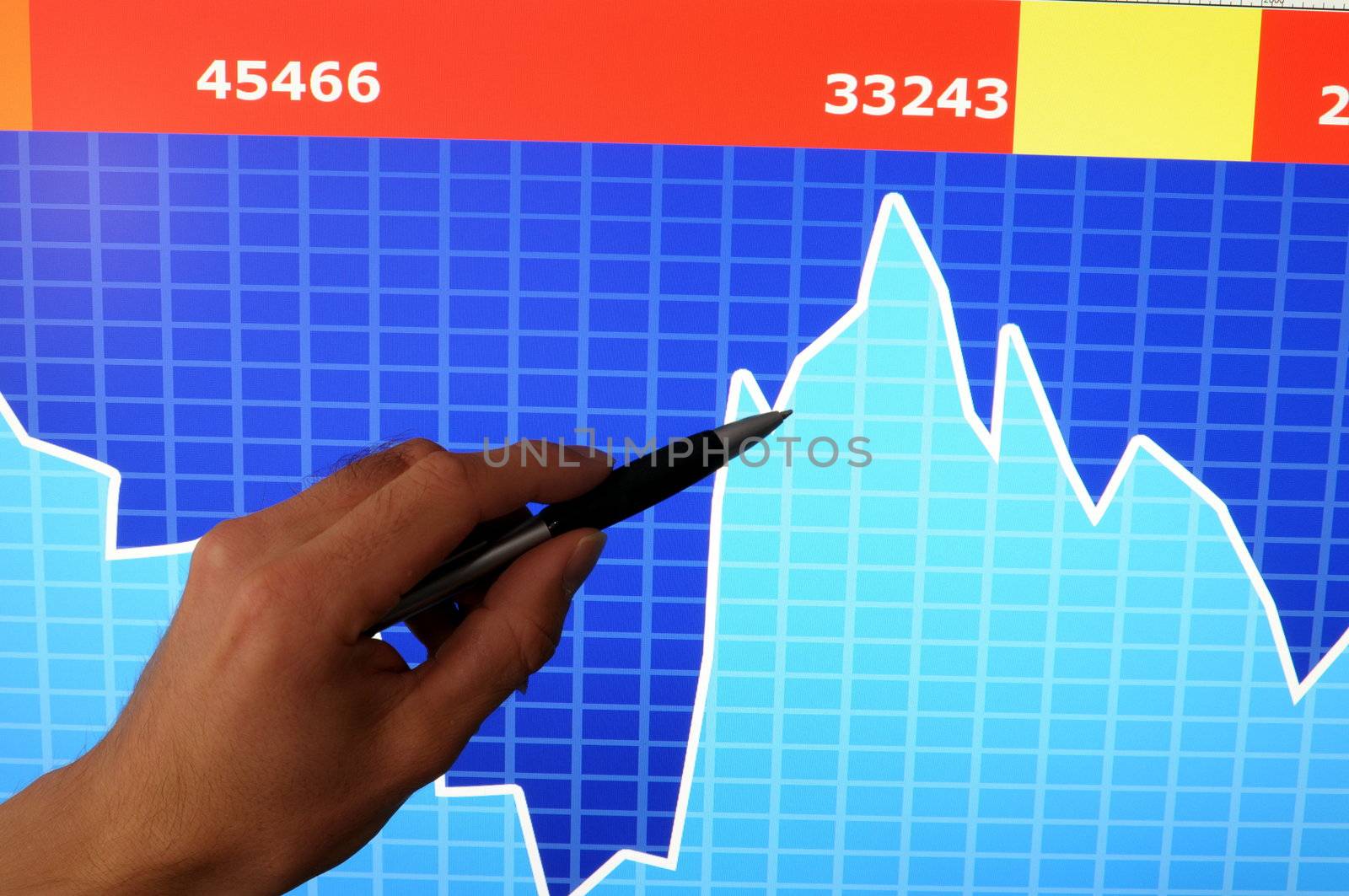 financial stock market concept with hand and computer lcd display