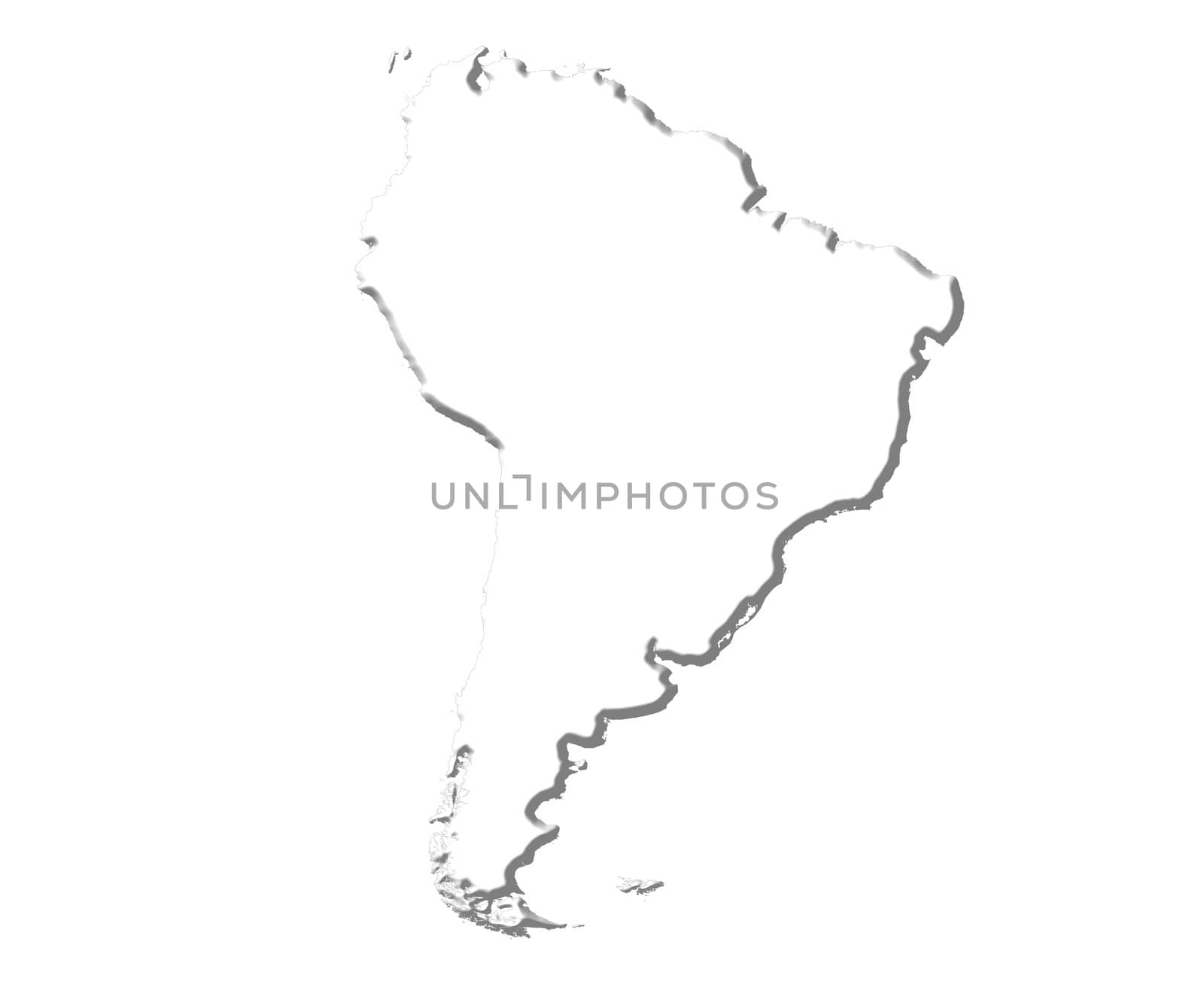 South America 3d white map isolated in white