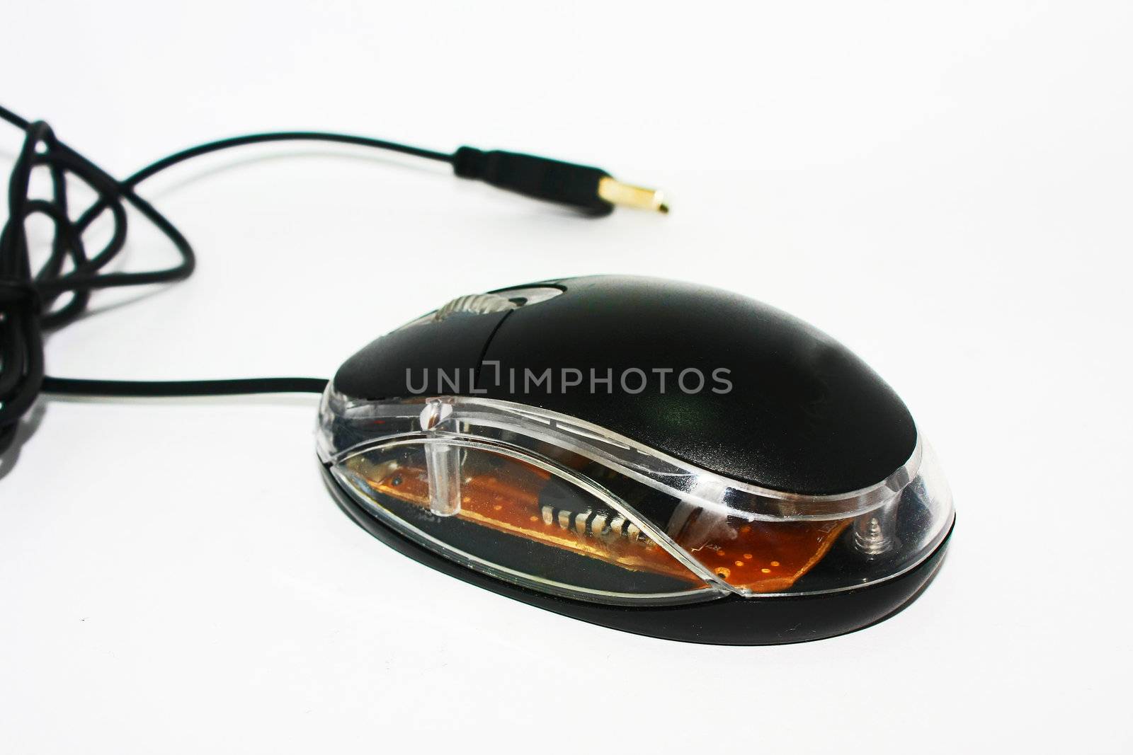 An isolated black mouse with USB cable.