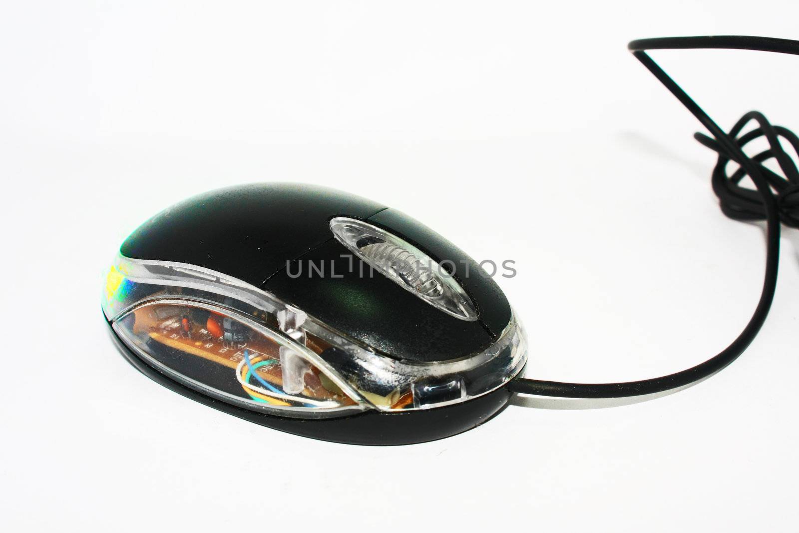 An isolated black mouse with USB cable.