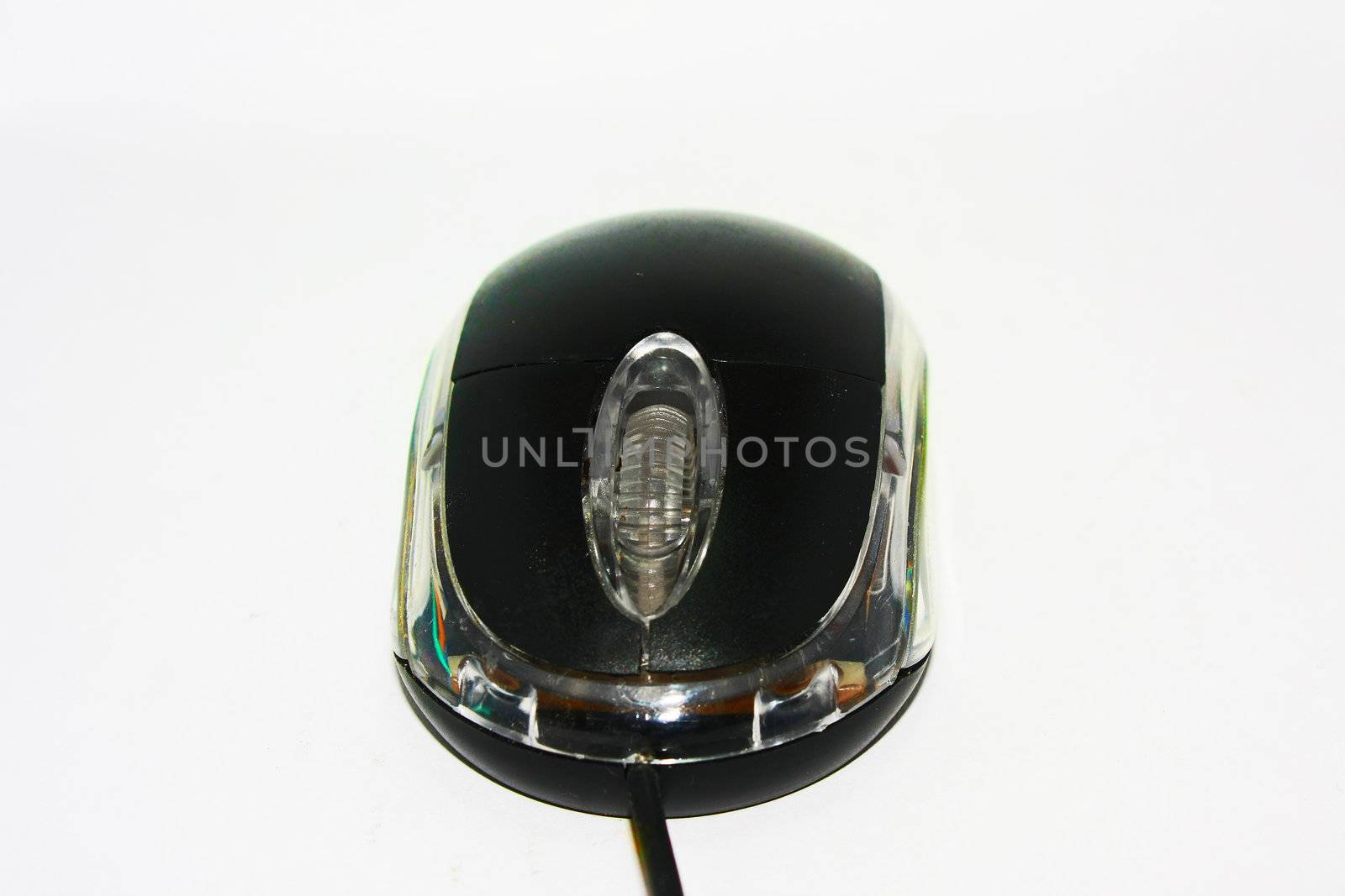 An isolated black mouse with USB cable.