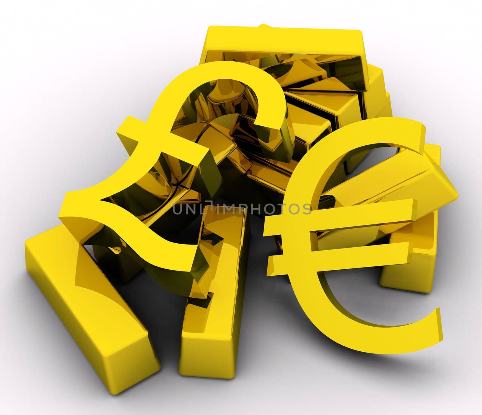 Gold bars and golden pound & euro sign on white background.
