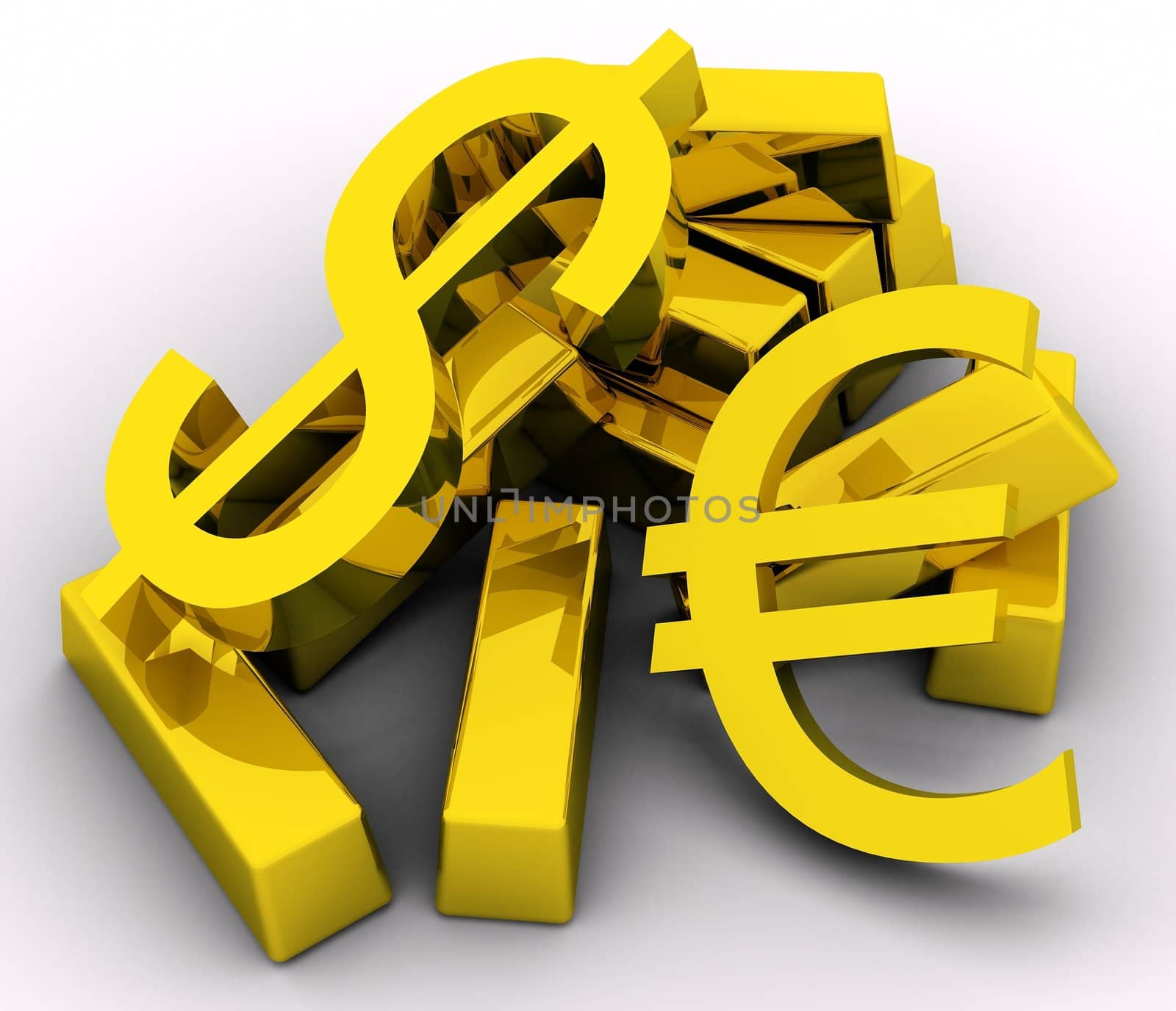 Gold bars and golden dollar & euro sign on white background.