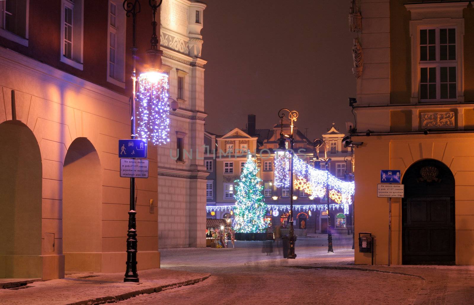 Old town street during the night in Poznan, Poland
