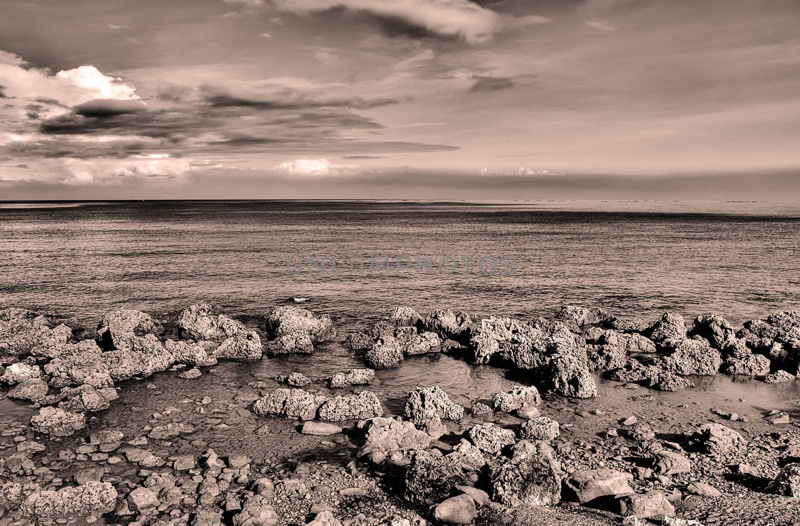 It is beautiful landscape of beach with stone in sepia tone.