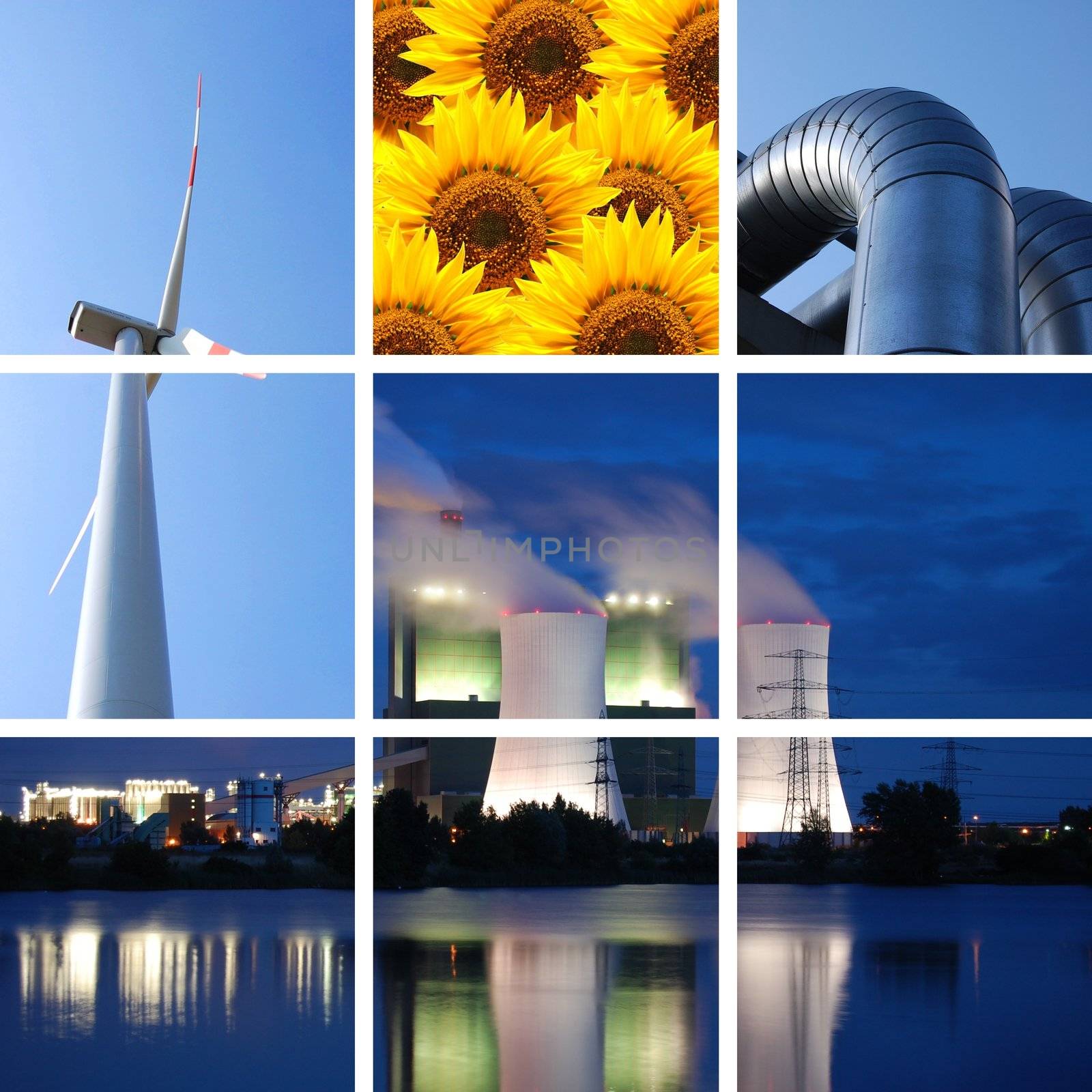 power supply collage with plant and windturbine