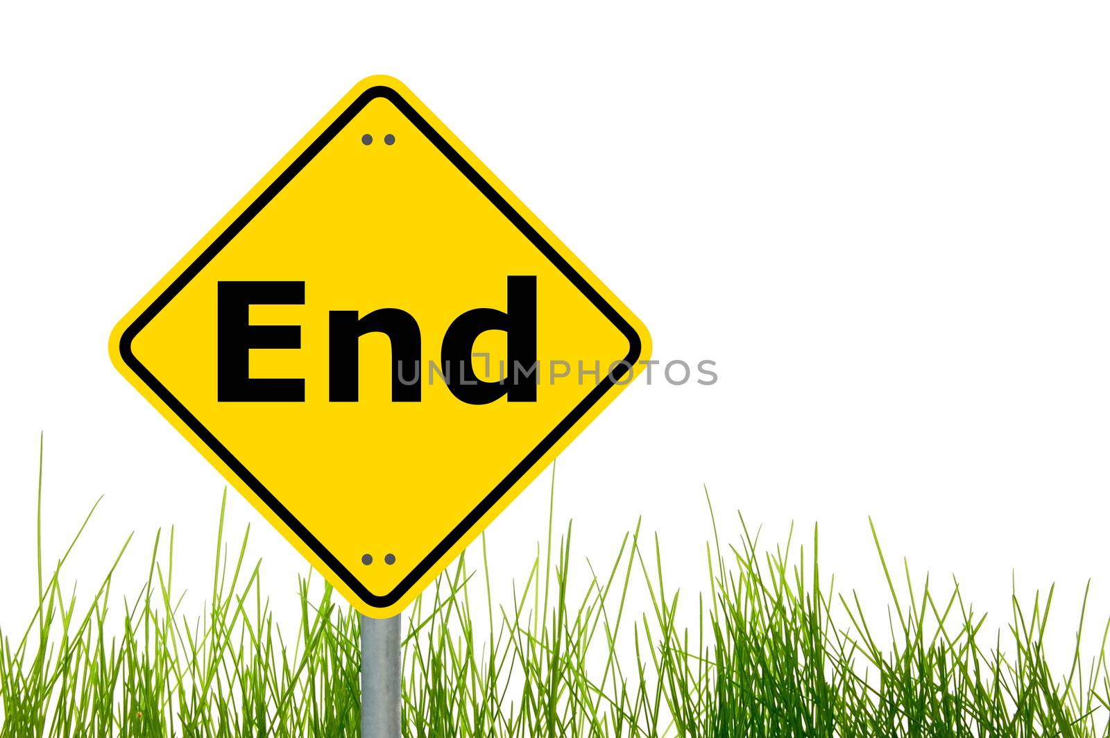 the end concept with warning roadsign in yellow