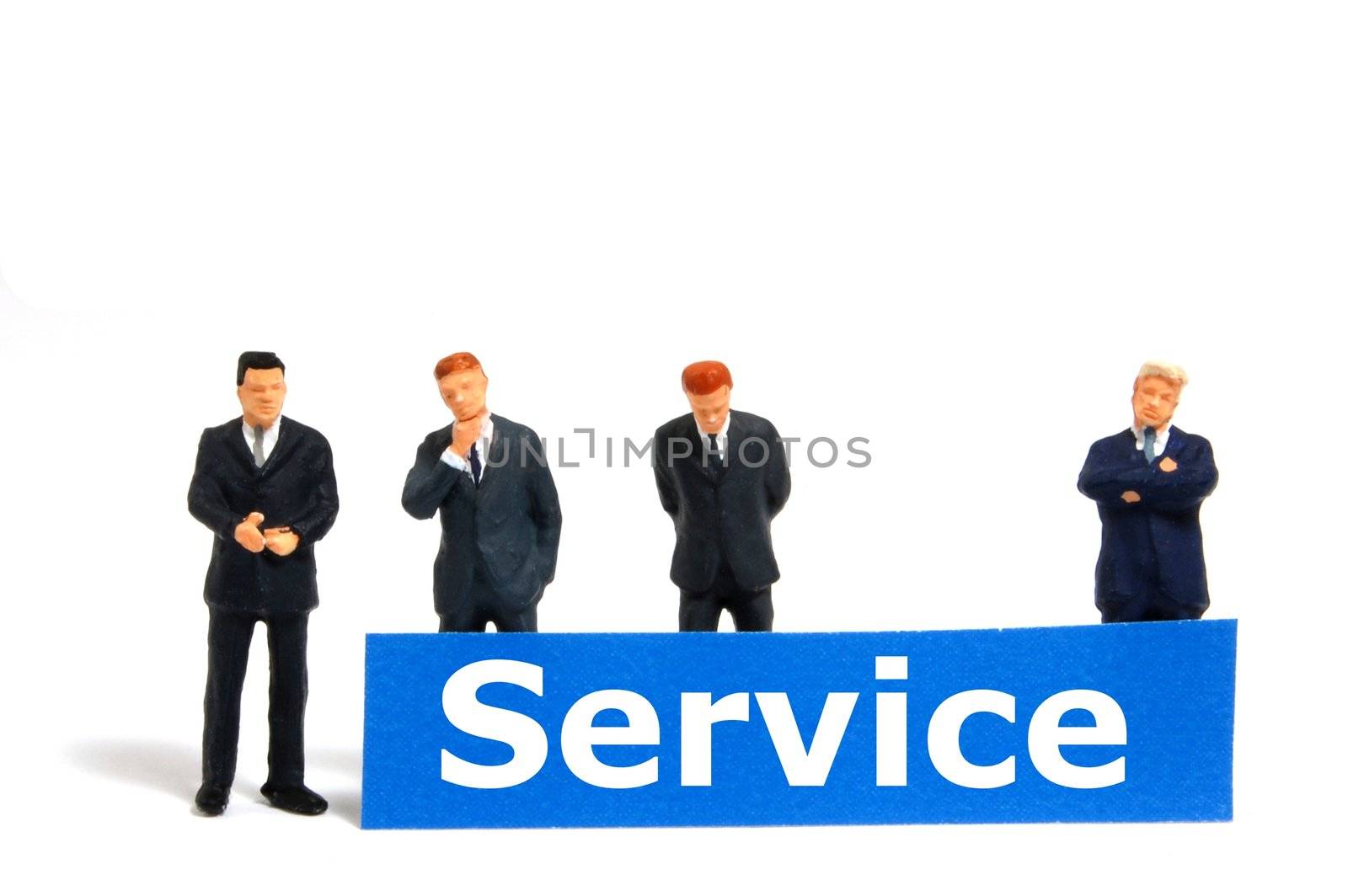 service or support concept with tiny toy business man on white