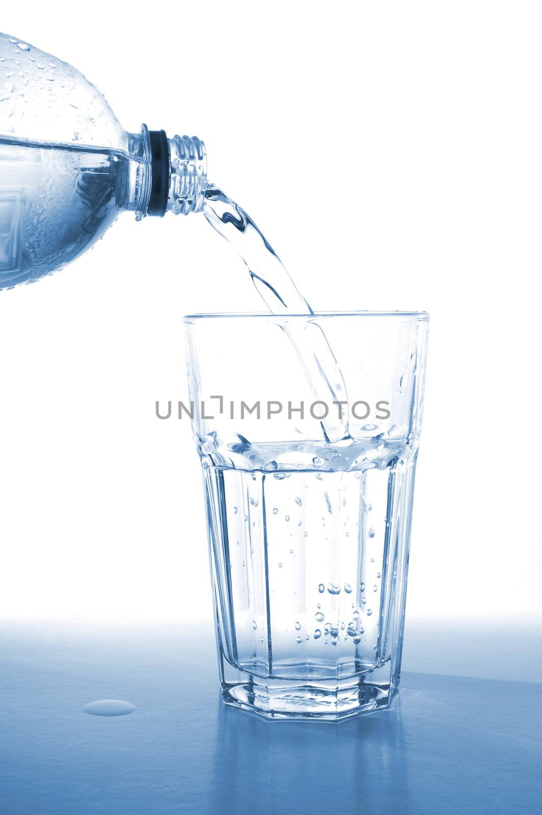 bottle of water isolated on white filling glass
